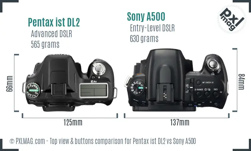 Pentax ist DL2 vs Sony A500 top view buttons comparison