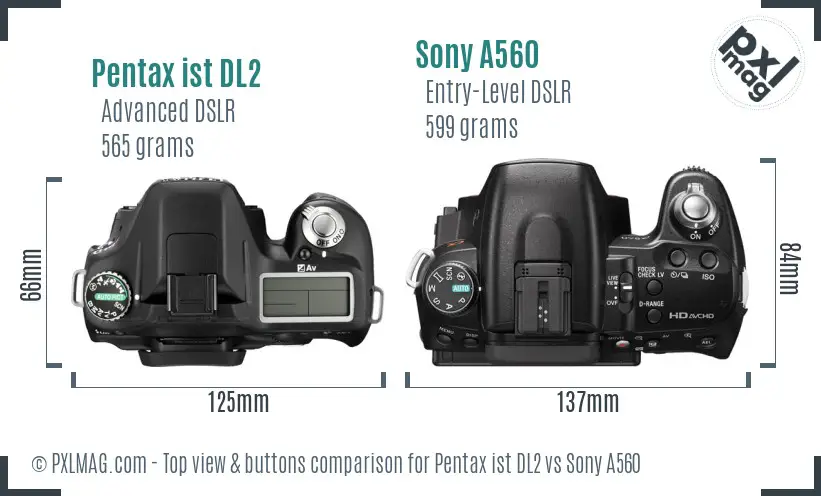 Pentax ist DL2 vs Sony A560 top view buttons comparison