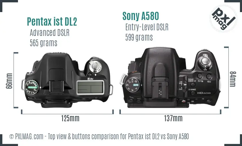 Pentax ist DL2 vs Sony A580 top view buttons comparison