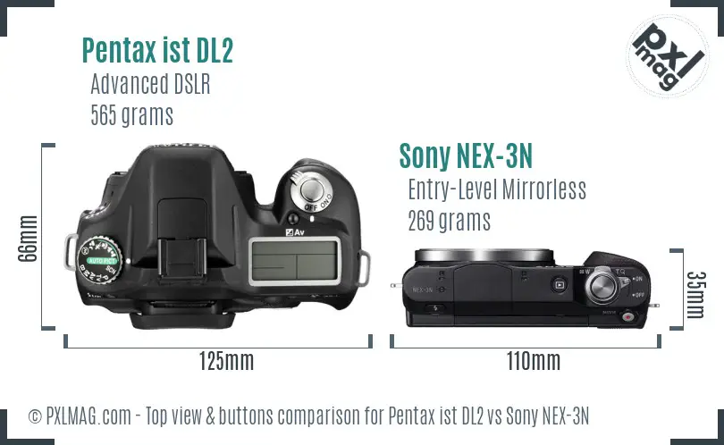 Pentax ist DL2 vs Sony NEX-3N top view buttons comparison Pentax ist DL2 vs Sony NEX-3N top view buttons comparison