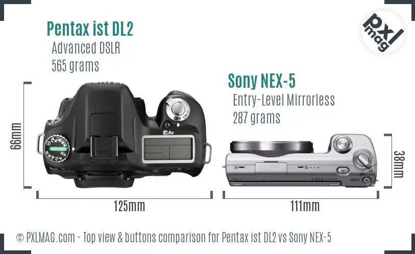 Pentax ist DL2 vs Sony NEX-5 top view buttons comparison Pentax ist DL2 vs Sony NEX-5 top view buttons comparison