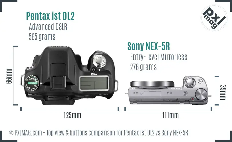 Pentax ist DL2 vs Sony NEX-5R top view buttons comparison Pentax ist DL2 vs Sony NEX-5R top view buttons comparison