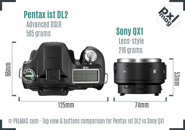Pentax ist DL2 vs Sony QX1 top view buttons comparison Pentax ist DL2 vs Sony QX1 top view buttons comparison
