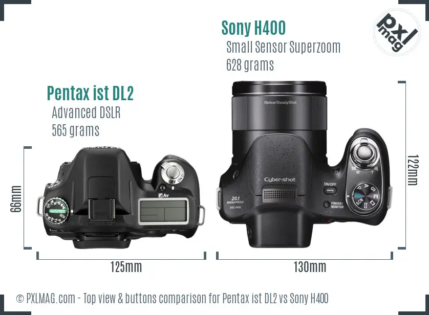 Pentax ist DL2 vs Sony H400 top view buttons comparison Pentax ist DL2 vs Sony H400 top view buttons comparison