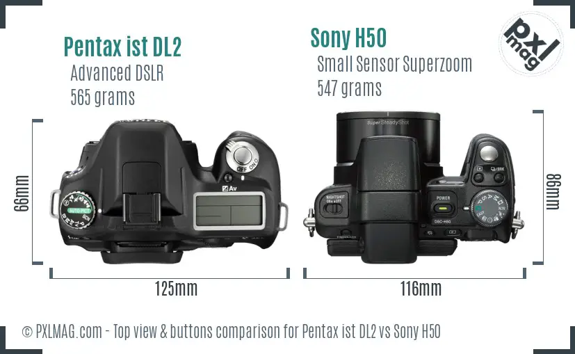 Pentax ist DL2 vs Sony H50 top view buttons comparison Pentax ist DL2 vs Sony H50 top view buttons comparison