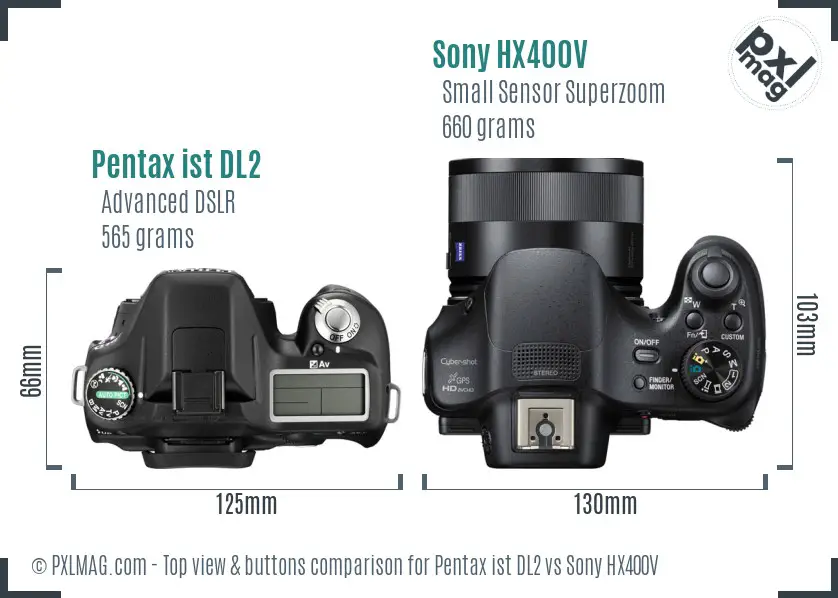 Pentax ist DL2 vs Sony HX400V top view buttons comparison Pentax ist DL2 vs Sony HX400V top view buttons comparison