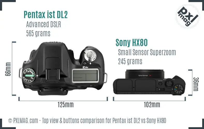 Pentax ist DL2 vs Sony HX80 top view buttons comparison Pentax ist DL2 vs Sony HX80 top view buttons comparison
