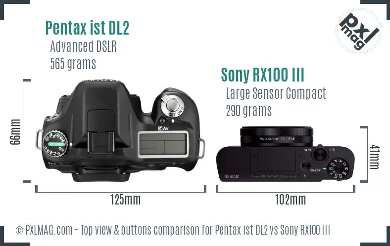 Pentax ist DL2 vs Sony RX100 III top view buttons comparison Pentax ist DL2 vs Sony RX100 III top view buttons comparison
