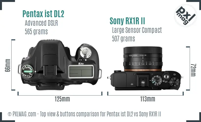 Pentax ist DL2 vs Sony RX1R II top view buttons comparison Pentax ist DL2 vs Sony RX1R II top view buttons comparison