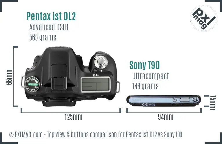 Pentax ist DL2 vs Sony T90 top view buttons comparison Pentax ist DL2 vs Sony T90 top view buttons comparison