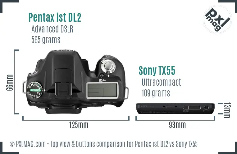 Pentax ist DL2 vs Sony TX55 top view buttons comparison Pentax ist DL2 vs Sony TX55 top view buttons comparison