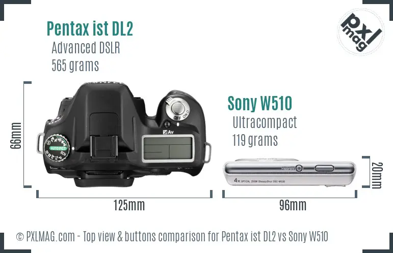 Pentax ist DL2 vs Sony W510 top view buttons comparison Pentax ist DL2 vs Sony W510 top view buttons comparison