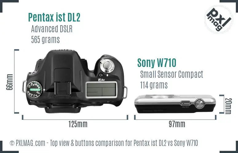 Pentax ist DL2 vs Sony W710 top view buttons comparison Pentax ist DL2 vs Sony W710 top view buttons comparison