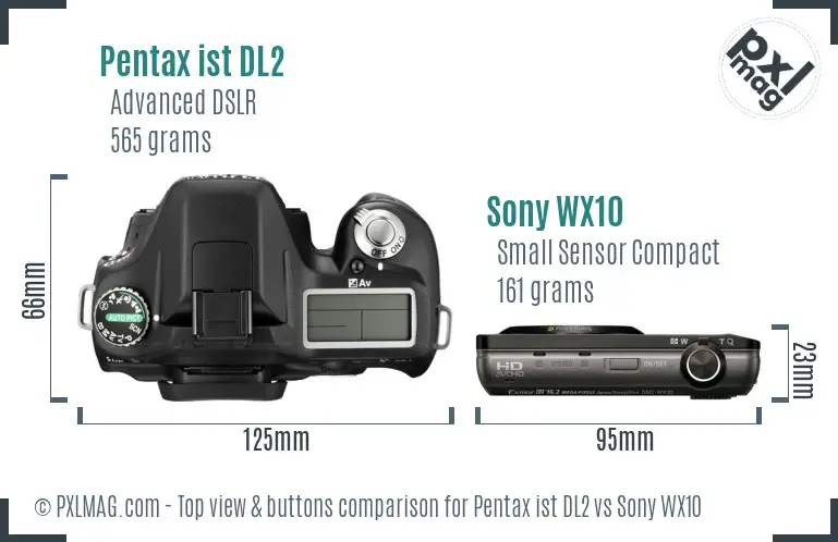 Pentax ist DL2 vs Sony WX10 top view buttons comparison Pentax ist DL2 vs Sony WX10 top view buttons comparison