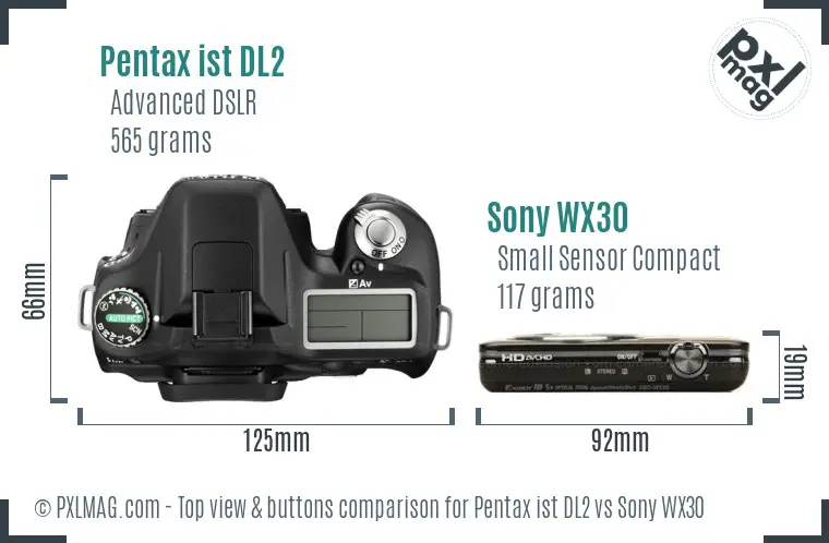 Pentax ist DL2 vs Sony WX30 top view buttons comparison Pentax ist DL2 vs Sony WX30 top view buttons comparison