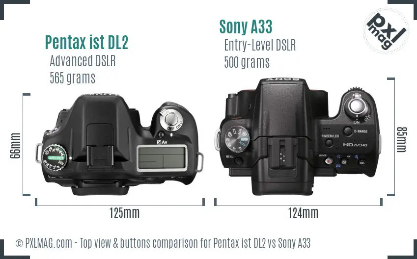 Pentax ist DL2 vs Sony A33 top view buttons comparison Pentax ist DL2 vs Sony A33 top view buttons comparison