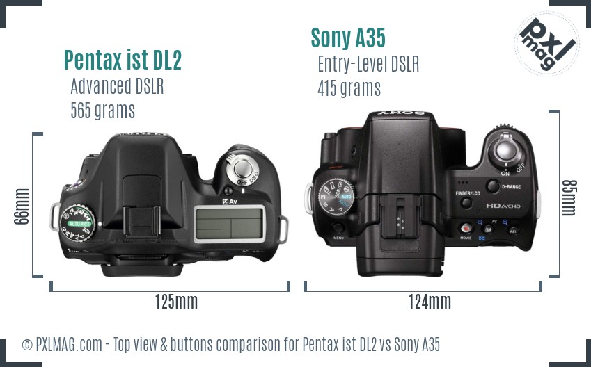 Pentax ist DL2 vs Sony A35 top view buttons comparison