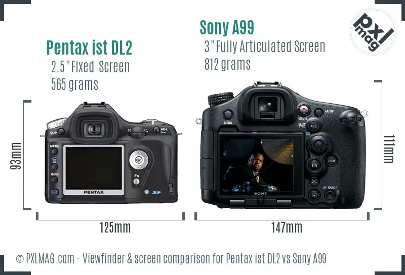 Pentax ist DL2 vs Sony A99 Screen and Viewfinder comparison