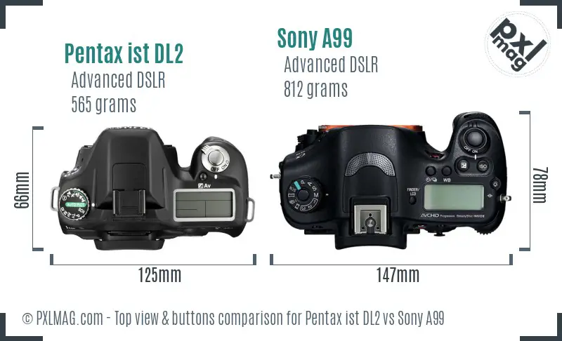 Pentax ist DL2 vs Sony A99 top view buttons comparison