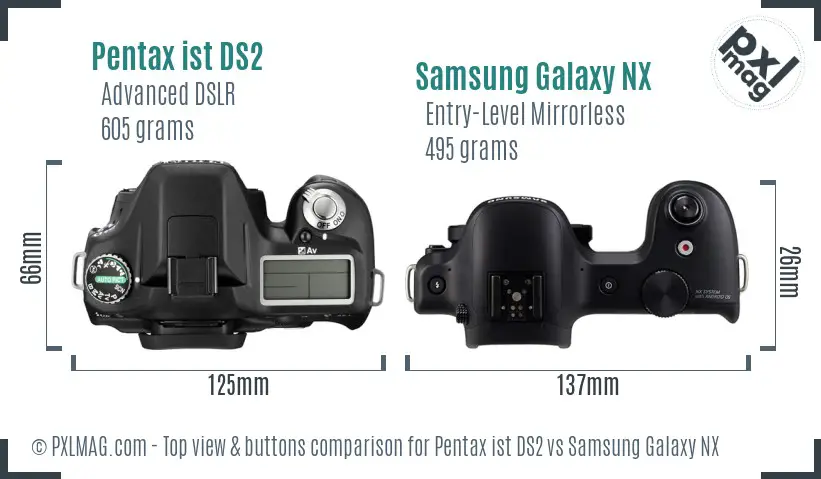 Pentax ist DS2 vs Samsung Galaxy NX top view buttons comparison