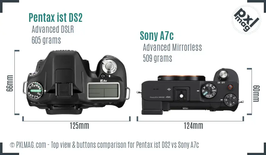 Pentax ist DS2 vs Sony A7c top view buttons comparison Pentax ist DS2 vs Sony A7c top view buttons comparison