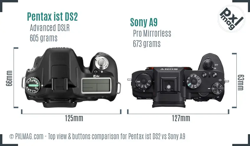 Pentax ist DS2 vs Sony A9 top view buttons comparison