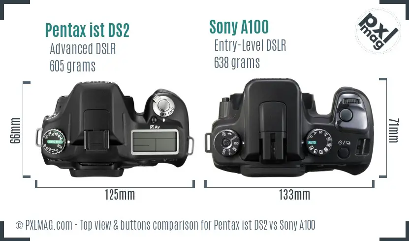 Pentax ist DS2 vs Sony A100 top view buttons comparison Pentax ist DS2 vs Sony A100 top view buttons comparison