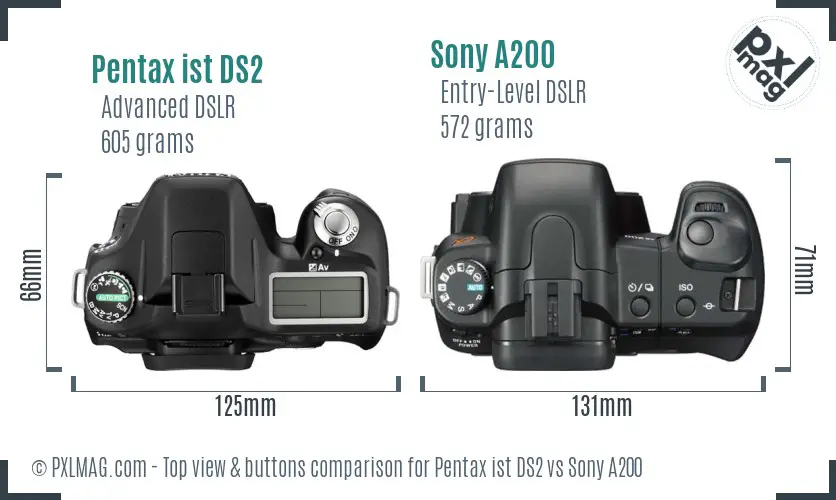 Pentax ist DS2 vs Sony A200 top view buttons comparison