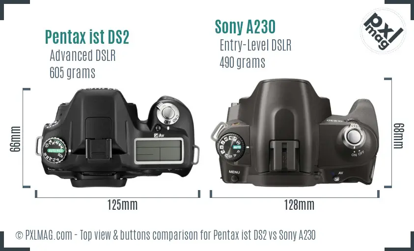 Pentax ist DS2 vs Sony A230 top view buttons comparison Pentax ist DS2 vs Sony A230 top view buttons comparison