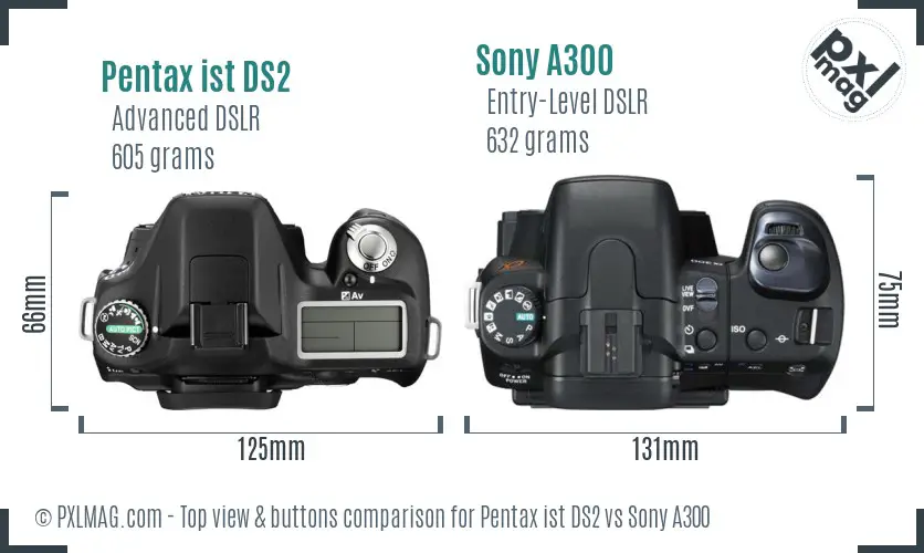 Pentax ist DS2 vs Sony A300 top view buttons comparison