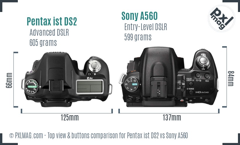 Pentax ist DS2 vs Sony A560 top view buttons comparison