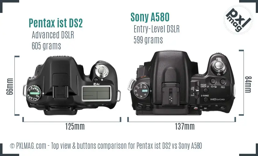 Pentax ist DS2 vs Sony A580 top view buttons comparison