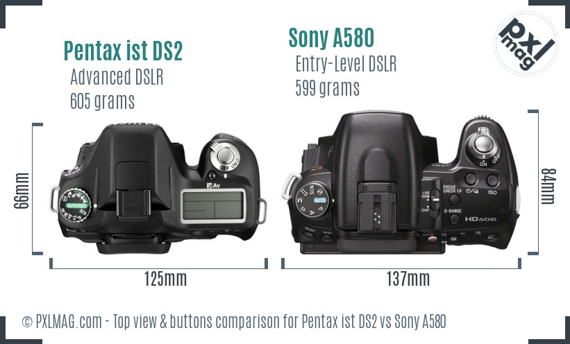 Pentax ist DS2 vs Sony A580 top view buttons comparison