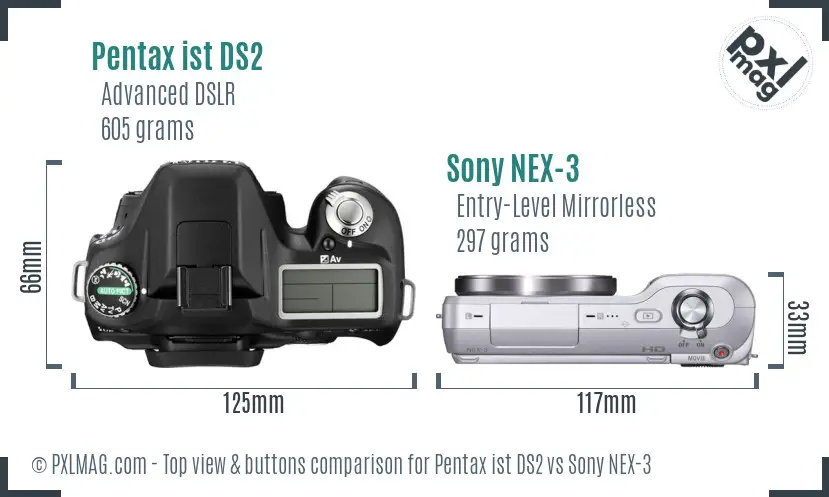Pentax ist DS2 vs Sony NEX-3 top view buttons comparison Pentax ist DS2 vs Sony NEX-3 top view buttons comparison