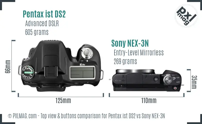 Pentax ist DS2 vs Sony NEX-3N top view buttons comparison Pentax ist DS2 vs Sony NEX-3N top view buttons comparison