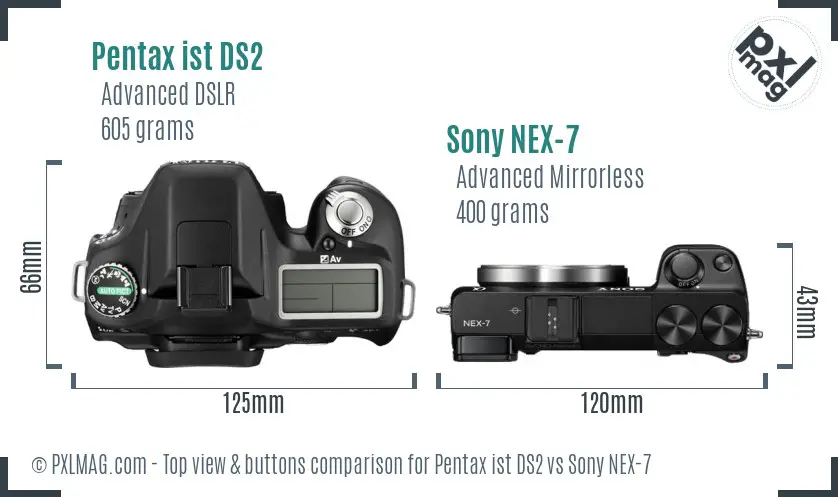 Pentax ist DS2 vs Sony NEX-7 top view buttons comparison Pentax ist DS2 vs Sony NEX-7 top view buttons comparison