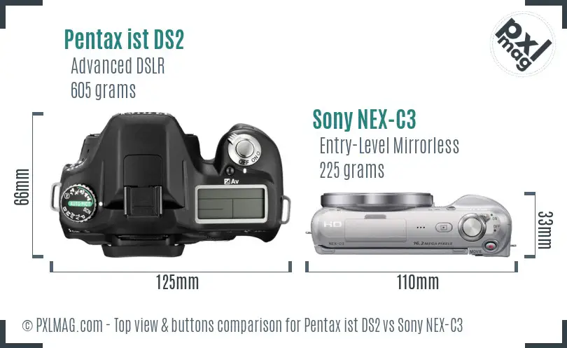 Pentax ist DS2 vs Sony NEX-C3 top view buttons comparison