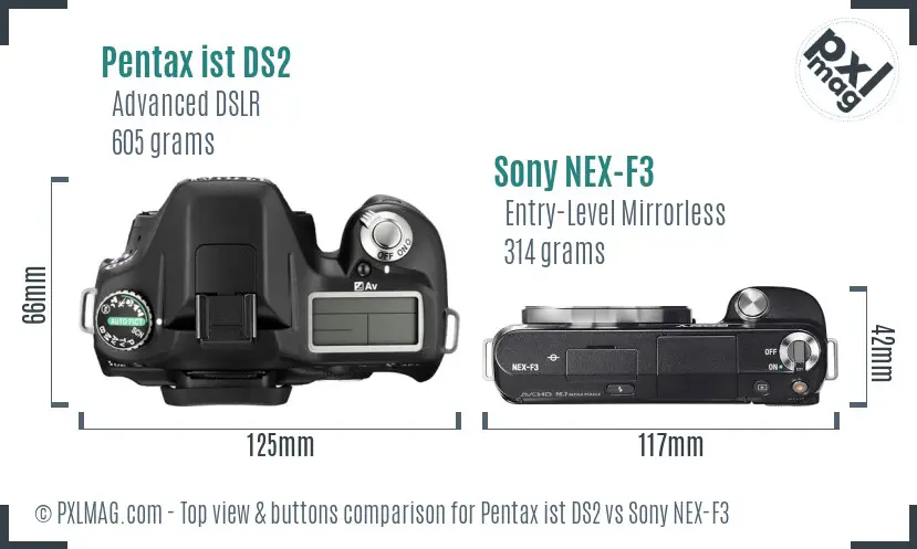 Pentax ist DS2 vs Sony NEX-F3 top view buttons comparison Pentax ist DS2 vs Sony NEX-F3 top view buttons comparison