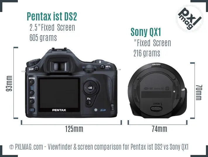 Pentax ist DS2 vs Sony QX1 Screen and Viewfinder comparison