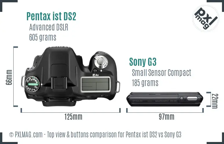 Pentax ist DS2 vs Sony G3 top view buttons comparison Pentax ist DS2 vs Sony G3 top view buttons comparison