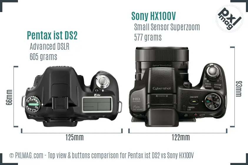 Pentax ist DS2 vs Sony HX100V top view buttons comparison Pentax ist DS2 vs Sony HX100V top view buttons comparison
