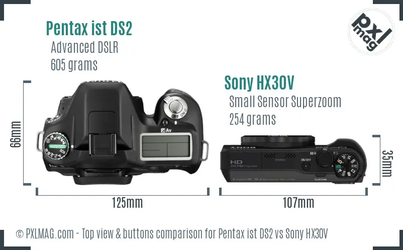 Pentax ist DS2 vs Sony HX30V top view buttons comparison Pentax ist DS2 vs Sony HX30V top view buttons comparison