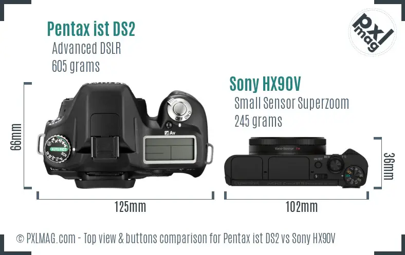 Pentax ist DS2 vs Sony HX90V top view buttons comparison Pentax ist DS2 vs Sony HX90V top view buttons comparison