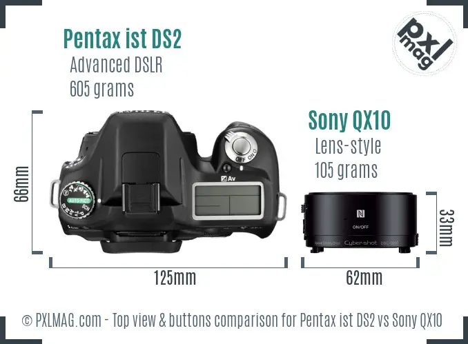 Pentax ist DS2 vs Sony QX10 top view buttons comparison Pentax ist DS2 vs Sony QX10 top view buttons comparison