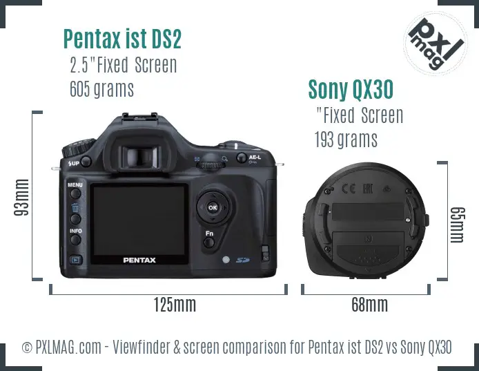 Pentax ist DS2 vs Sony QX30 Screen and Viewfinder comparison