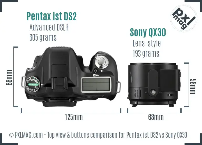 Pentax ist DS2 vs Sony QX30 top view buttons comparison