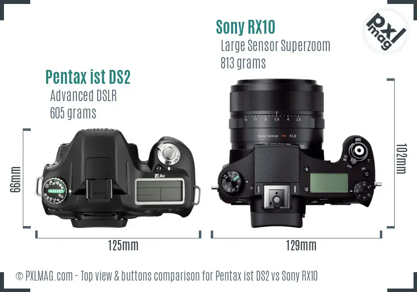 Pentax ist DS2 vs Sony RX10 top view buttons comparison Pentax ist DS2 vs Sony RX10 top view buttons comparison