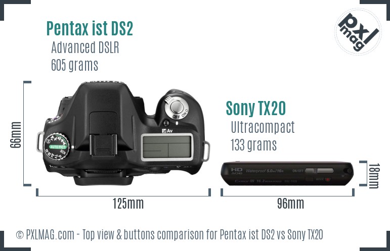 Pentax ist DS2 vs Sony TX20 top view buttons comparison