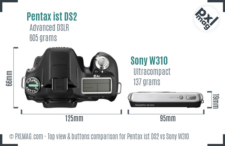 Pentax ist DS2 vs Sony W310 top view buttons comparison