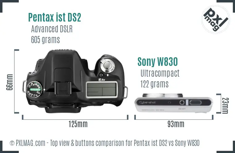 Pentax ist DS2 vs Sony W830 top view buttons comparison Pentax ist DS2 vs Sony W830 top view buttons comparison